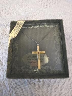 Vintage 925 Silver Real Flowers Mustard Seed Cross Necklace Religious New